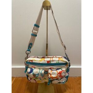 Coach Vintage Hamptons Camera Bag Scribble Canvas Turquoise Suede Leather Trim
